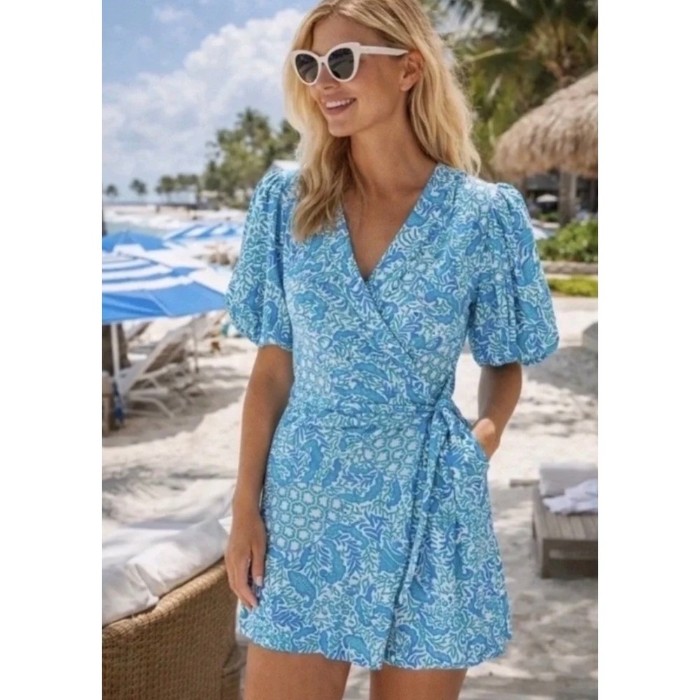 Lilly Pulitzer Sailynn Romper Resort White Goombay Grooves Wrap Style Size L